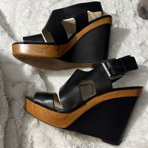 Michael Kors black leather wood wedges